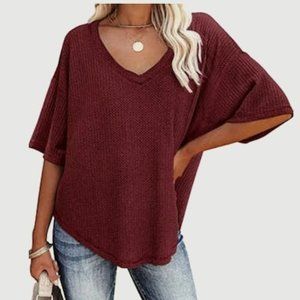 MEROKEETY Womens V Neck Batwing Shirt Waffle Knit Loose Blouse, Size Medium